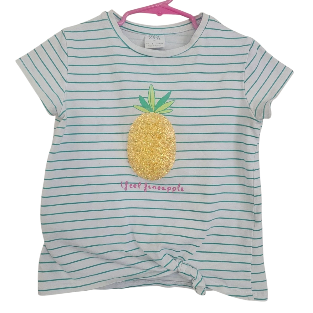 Zara Kids Striped White and Green T-Shirt with Gold Pineapple . Girls Size 7